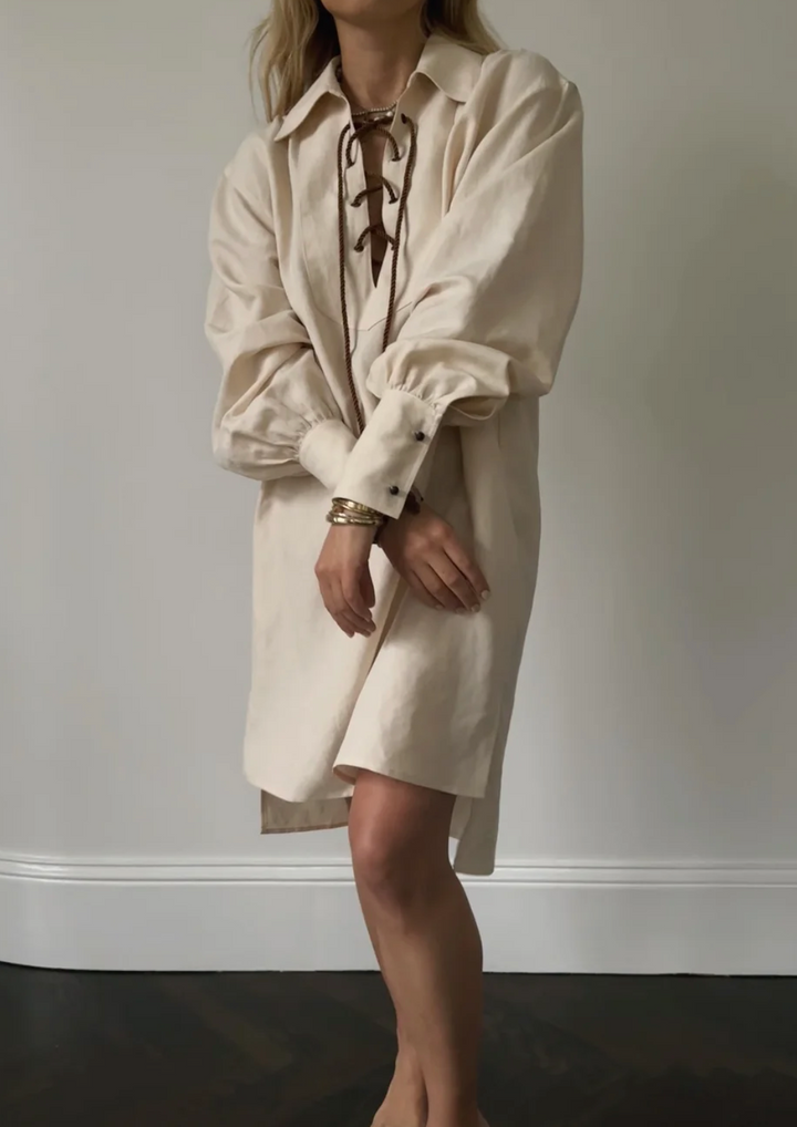 DRESS SILK LINEN W/ ROPE FRONT WHEAT SM