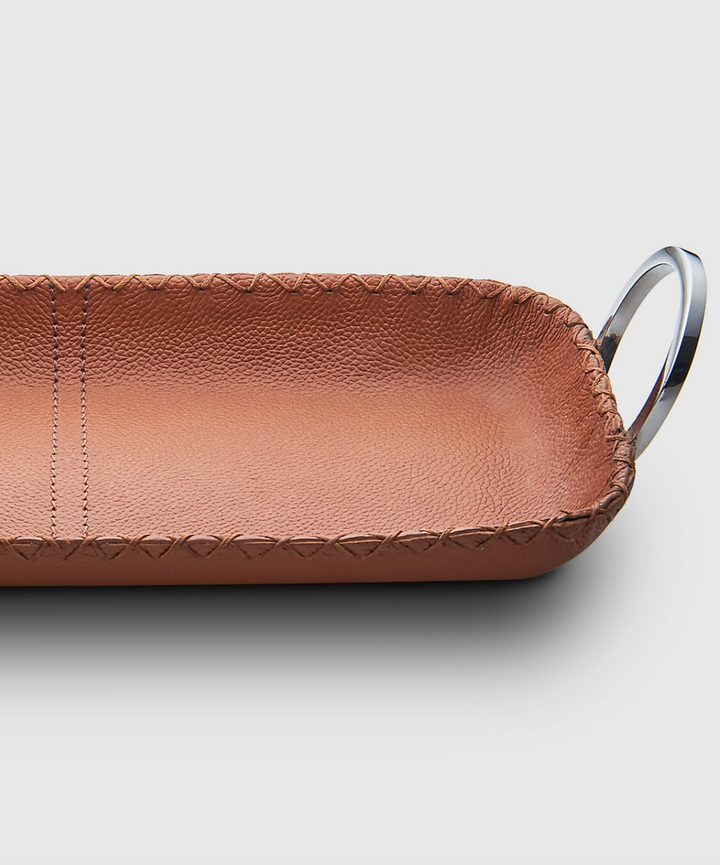 TRAY RECT BROWN LEATHER WITH RING HANDLES
