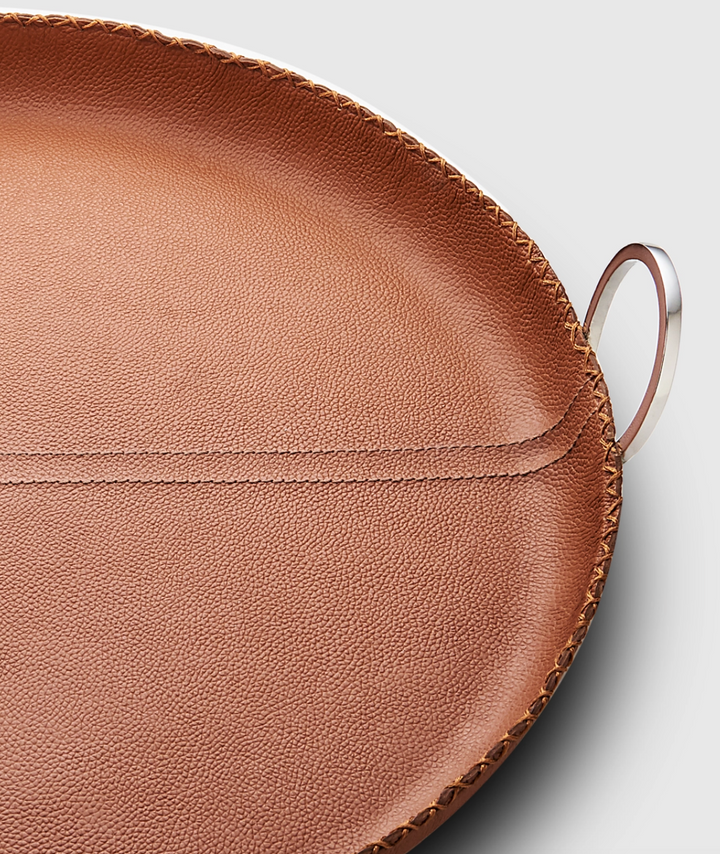 TRAY ROUND BROWN LEATHER WITH RING HANDLES