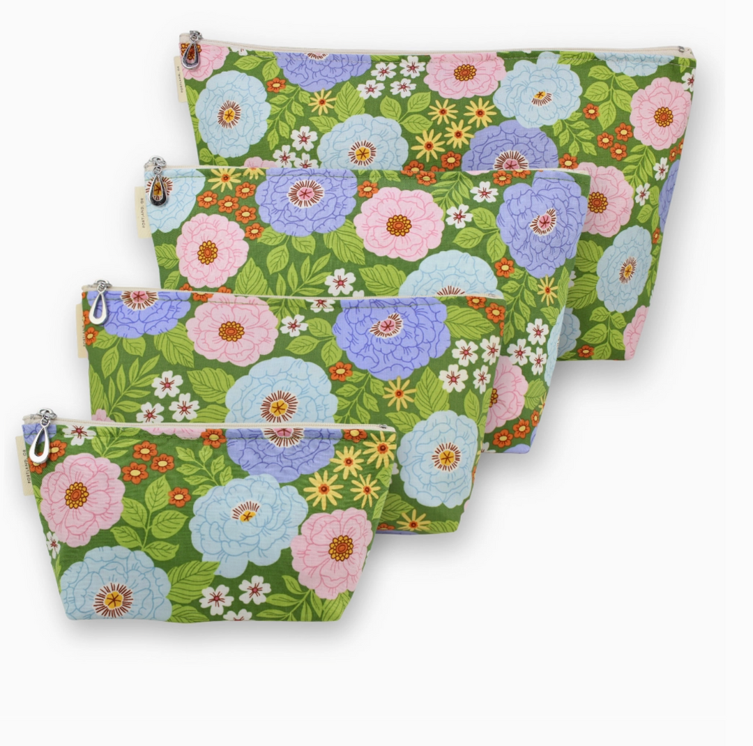 COSMETIC BAG PINK FLORAL ON GREEN