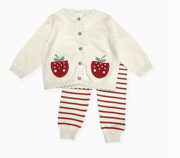 CARDIGAN & PANTS KNIT POCKETS STRAWBERRY