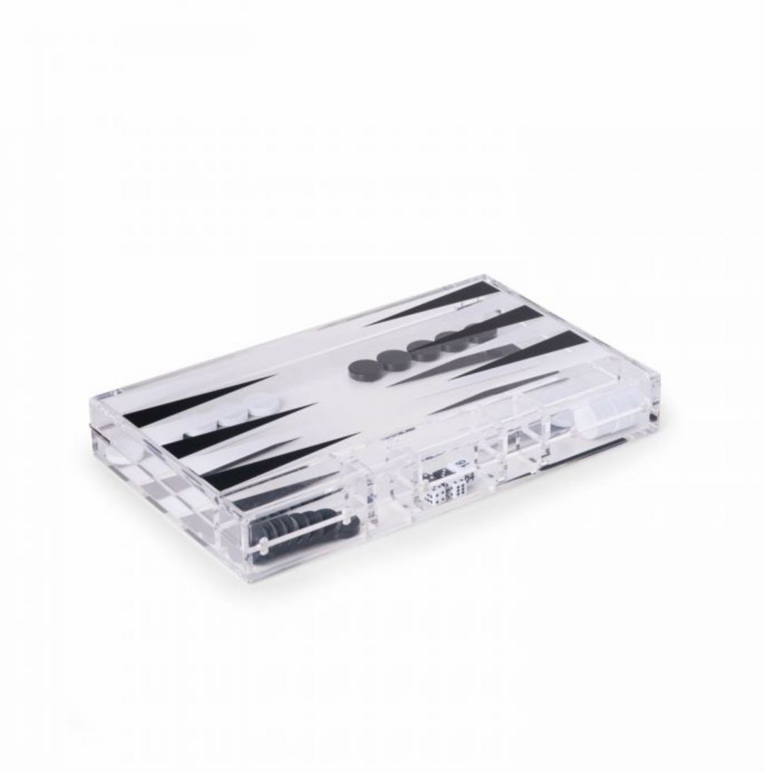 BACKGAMMON SET ACRYLIC WHITE & BLACK 14"