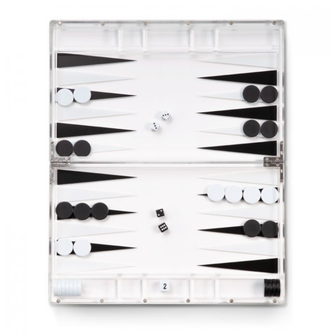 BACKGAMMON SET ACRYLIC WHITE & BLACK 14"