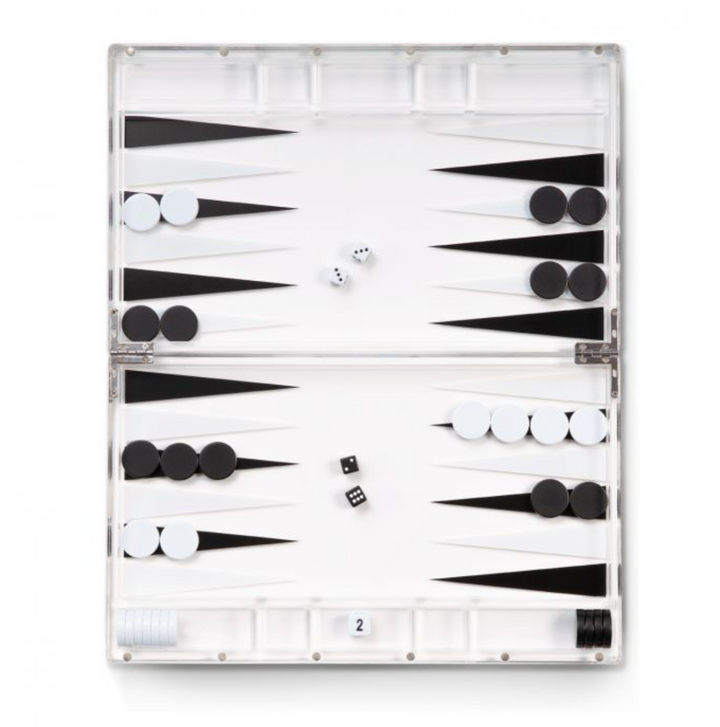 BACKGAMMON SET ACRYLIC WHITE & BLACK 14"