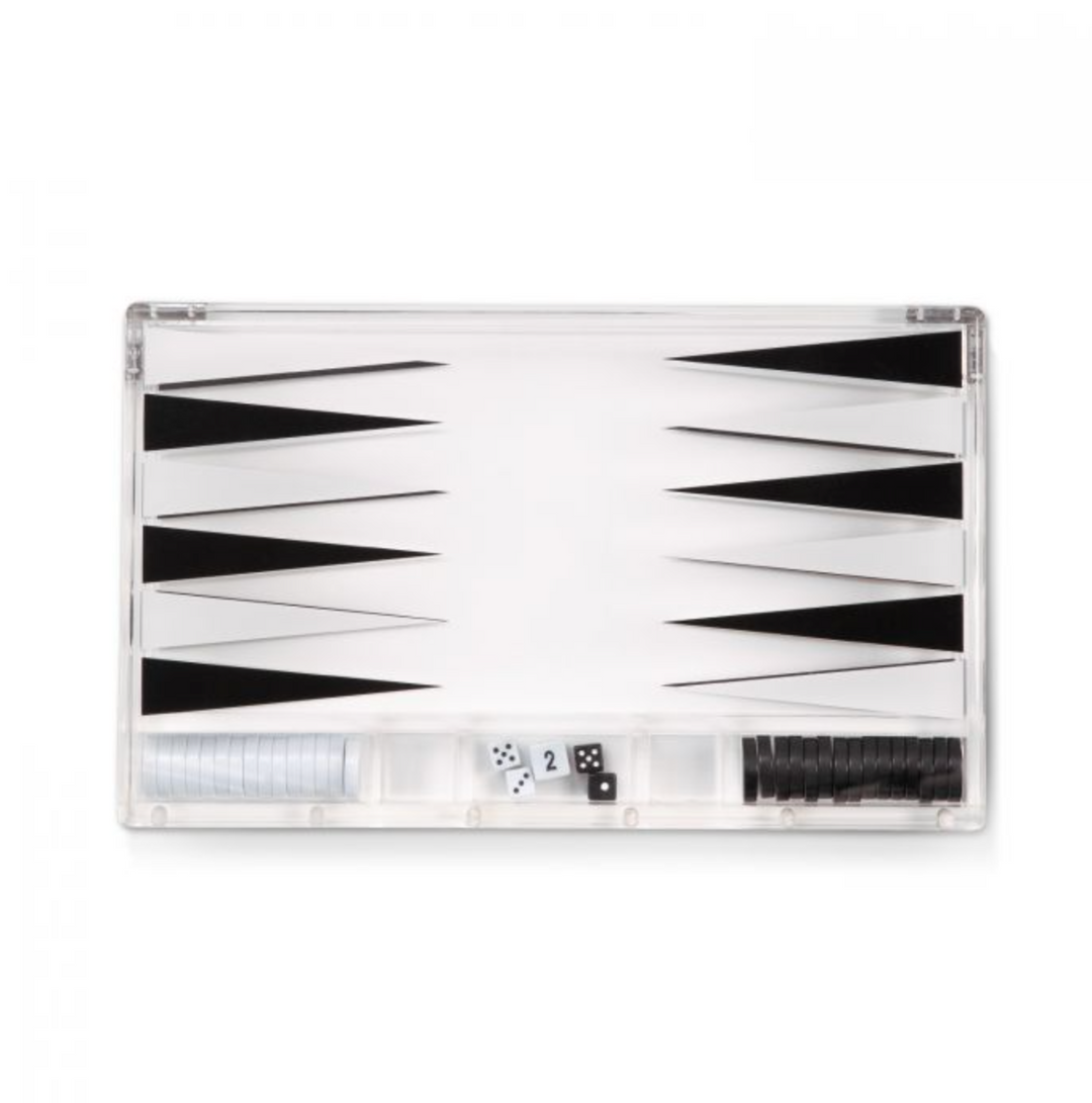 BACKGAMMON SET ACRYLIC WHITE & BLACK 14"