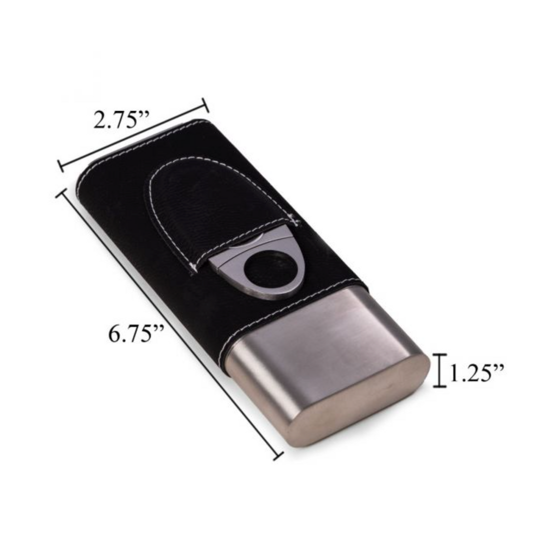 CIGAR CASE LEATHER AND STEEL WITH CUTTER  BLACK