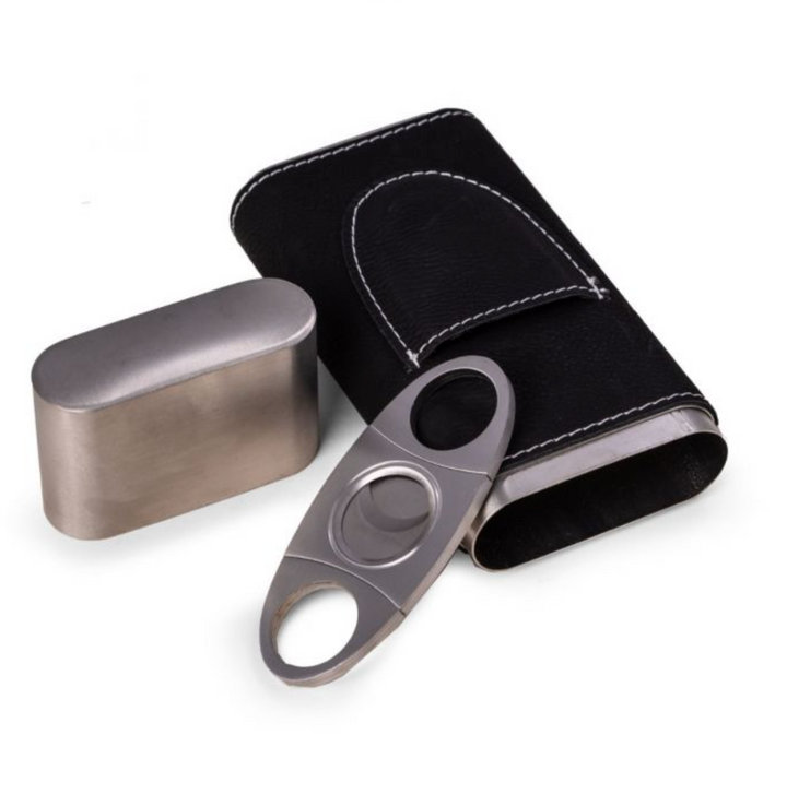 CIGAR CASE LEATHER AND STEEL WITH CUTTER  BLACK