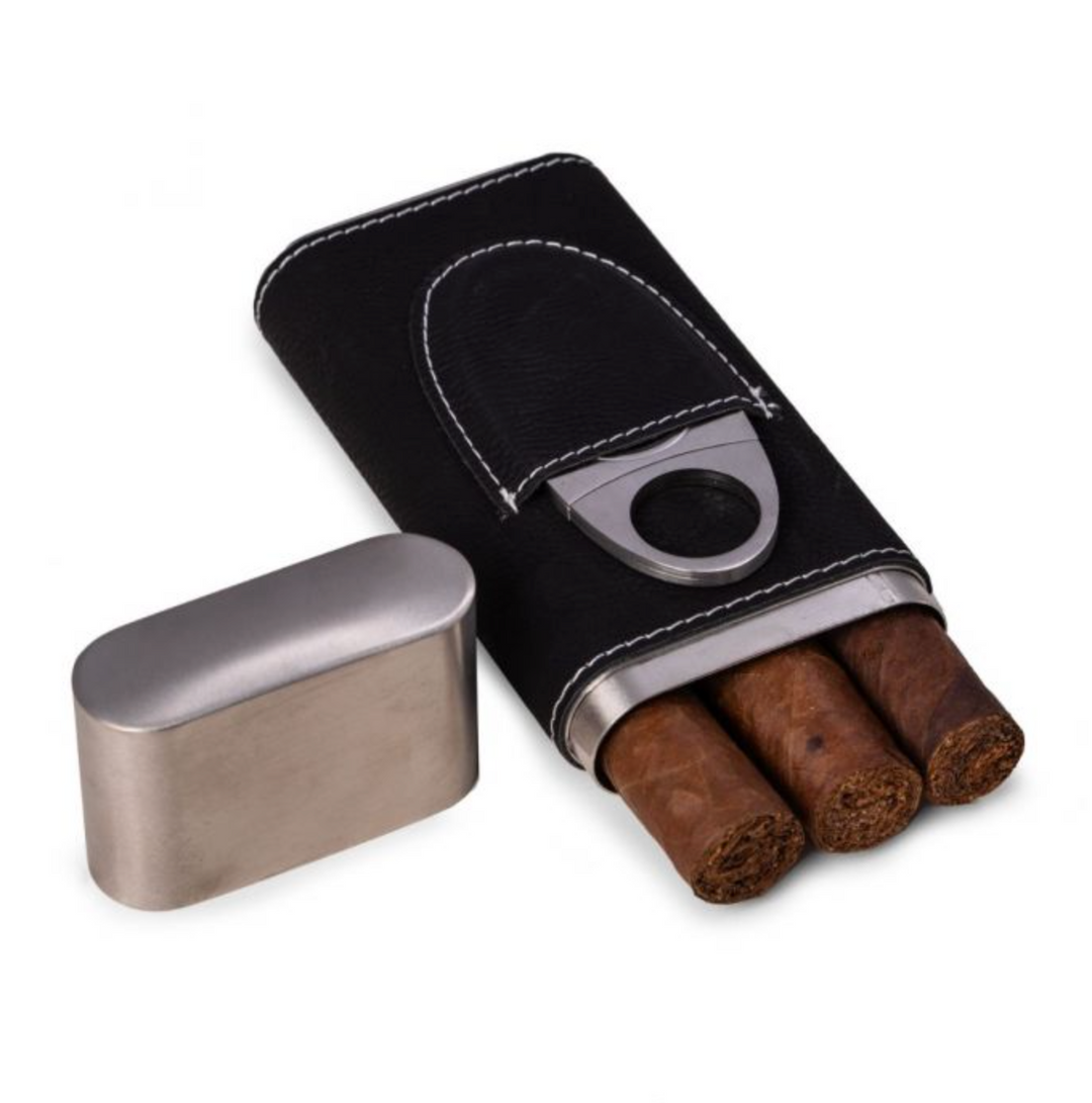 CIGAR CASE LEATHER AND STEEL WITH CUTTER  BLACK