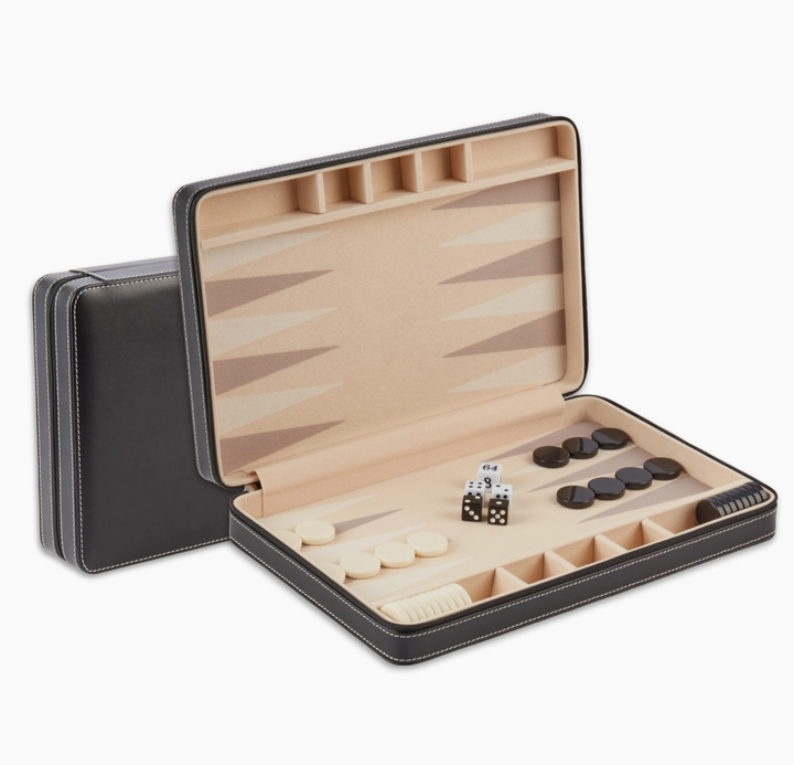 BACKGAMMON SET TRAVEL LEATHER BLACK