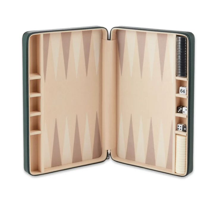BACKGAMMON SET TRAVEL LEATHER GREEN