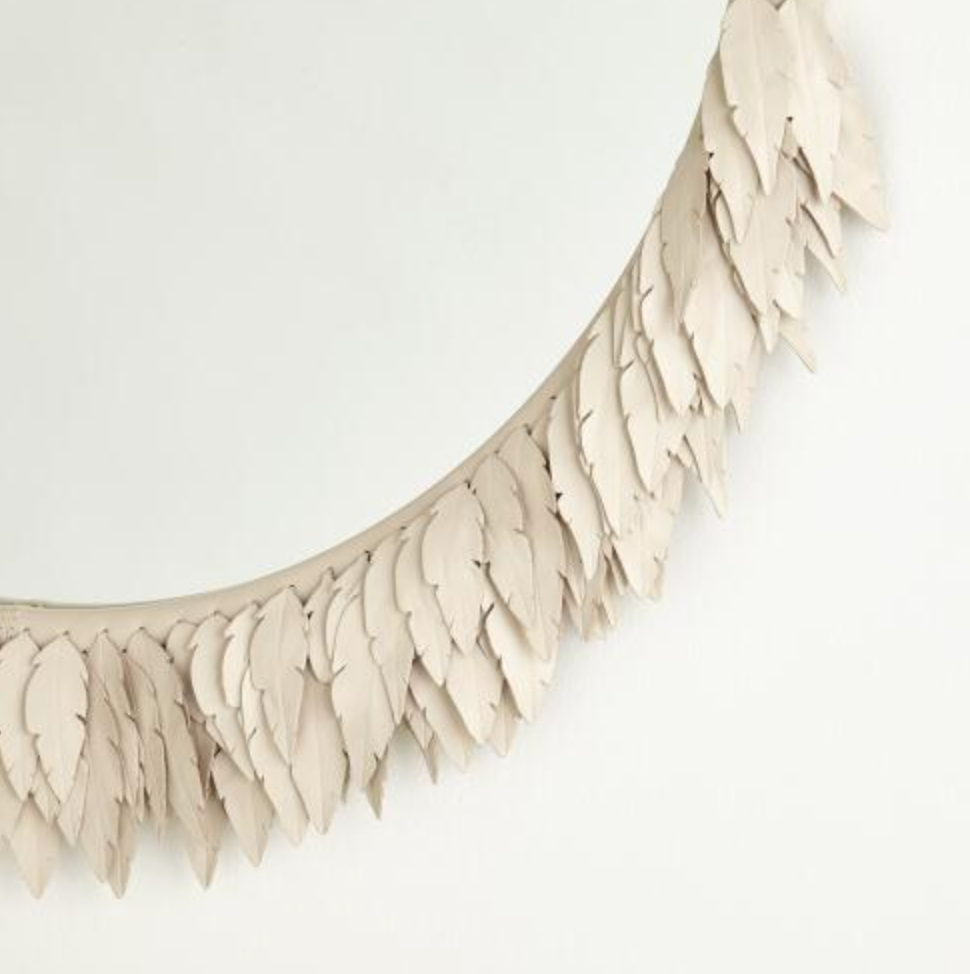 MIRROR OVAL IVORY LEATHER FEATHERS 36x41H