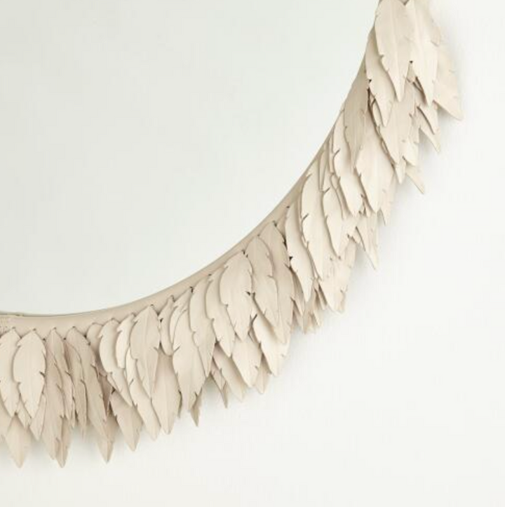 MIRROR OVAL IVORY LEATHER FEATHERS 36x41H