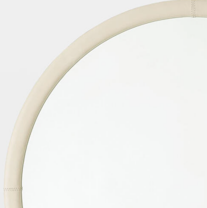 MIRROR OVAL IVORY LEATHER FEATHERS 36x41H