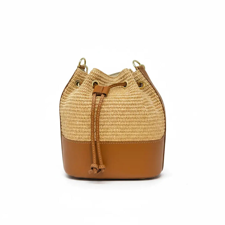 BUCKET BAG GENUINE ITALIAN LEATHER AND RAFFIA