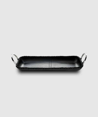 TRAY W/ RING HANDLES BLACK LEATHER 5X12 #19484