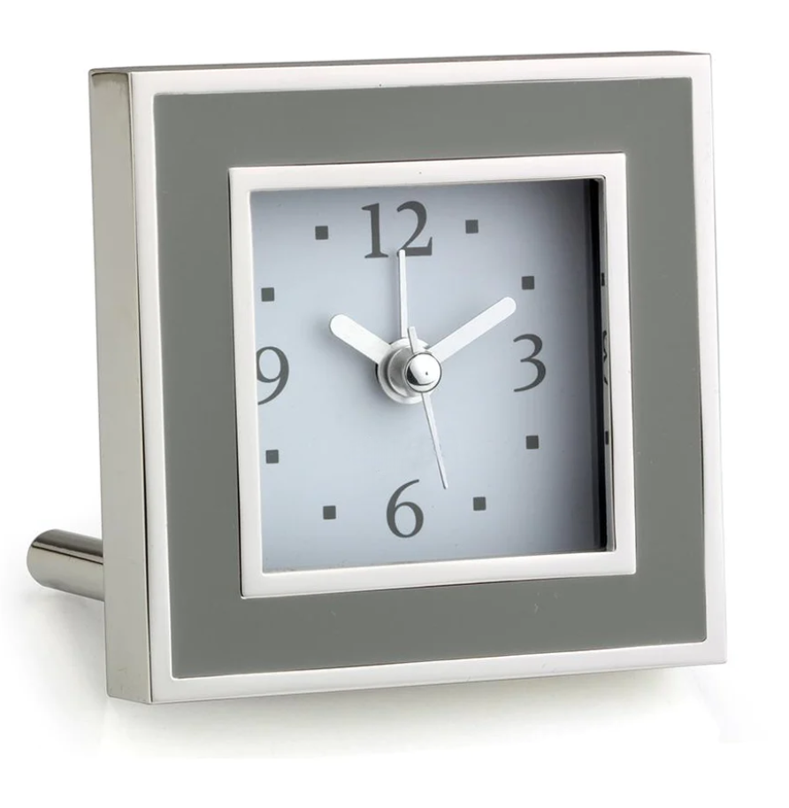 ALARM CLOCK TAUPE ENAMEL & SILVER SQUARE #27723