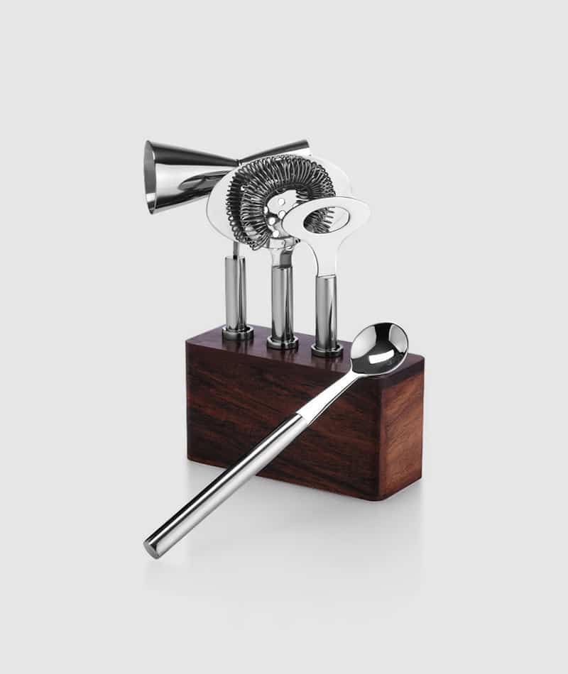 BAR SET W/ WOOD BASE S/S 4 PC TOOLS #215