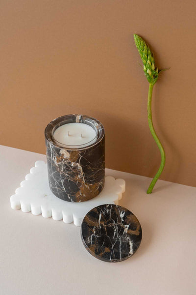 CANDLE HOLDER STONE WITH LID BLACK MARBLE