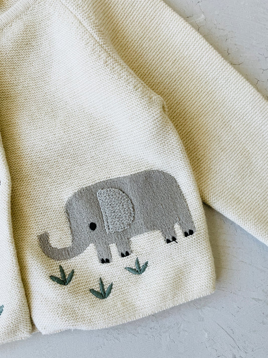 CARDIGAN SWEATER ANIMAL SAFARI EMBROIDERED NATURAL (Available in 2 Sizes)