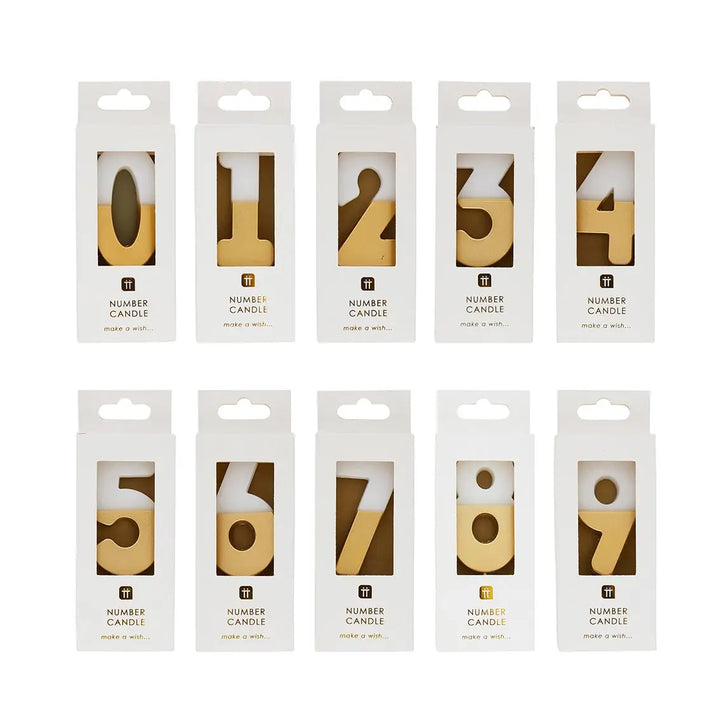 CANDLES WHITE & GOLD BIRTHDAY NUMBERS 0-9