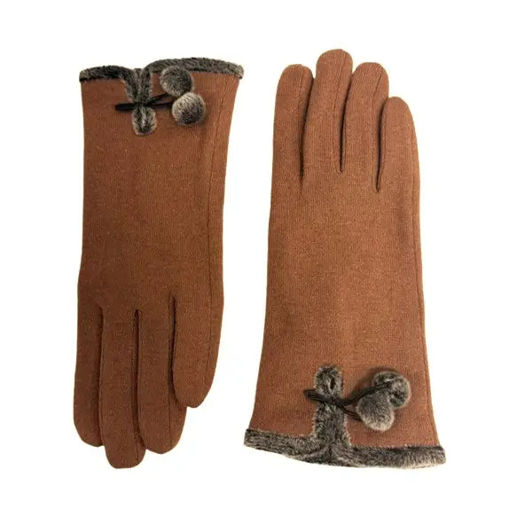 GLOVES MICRO SUEDE W/ FAUX FUR & POM POM TRIM