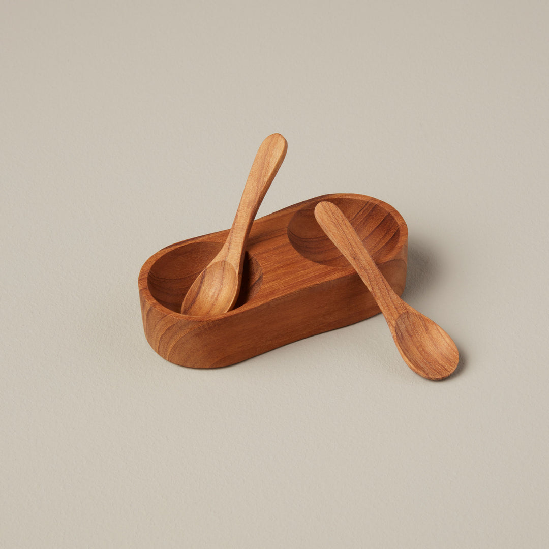 SALT & PEPPER CELLAR TEAK WITH SPOONS