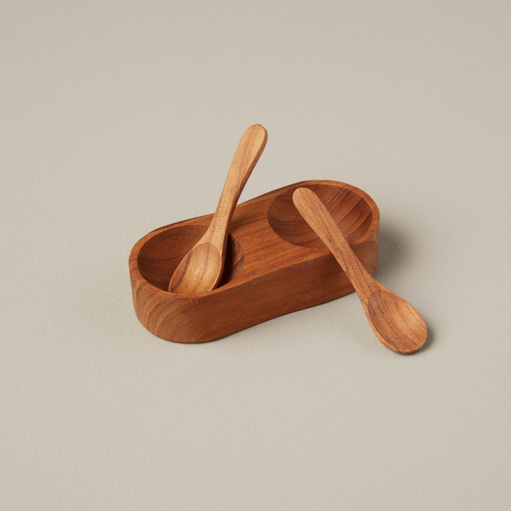 SALT & PEPPER CELLAR TEAK WITH SPOONS