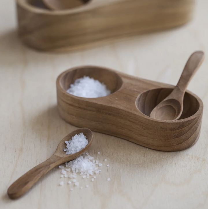 SALT & PEPPER CELLAR TEAK WITH SPOONS