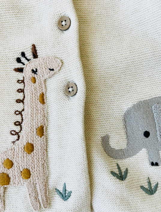 CARDIGAN SWEATER ANIMAL SAFARI EMBROIDERED NATURAL (Available in 2 Sizes)