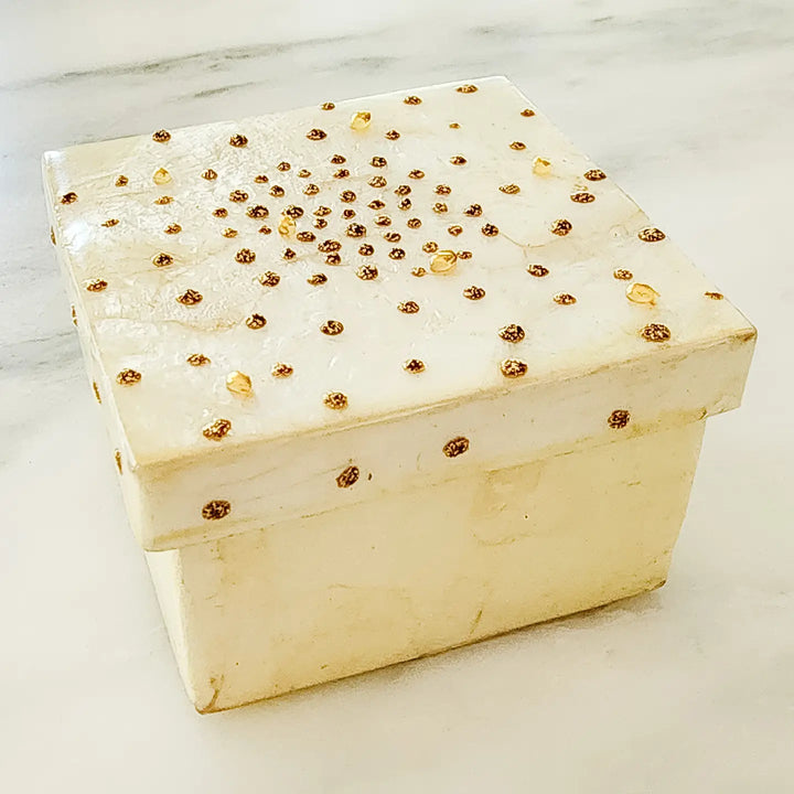 3" BOX GLITTERED DOTTED LID CAPIZ GOLD/WHITE