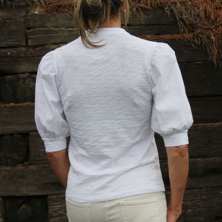BLOUSE PUFF SLEEVE V IN SLUB