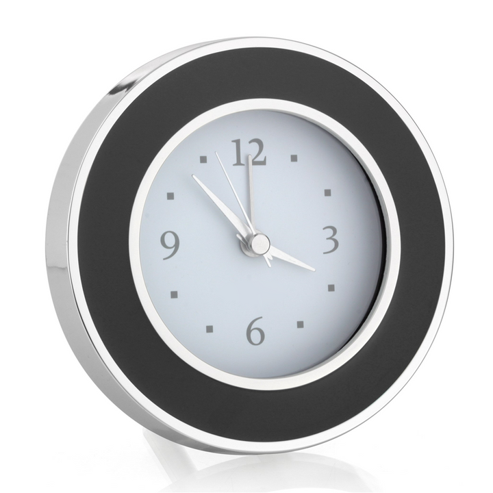 ALARM CLOCK BLACK ENAMEL & SILVER ROUND #40769