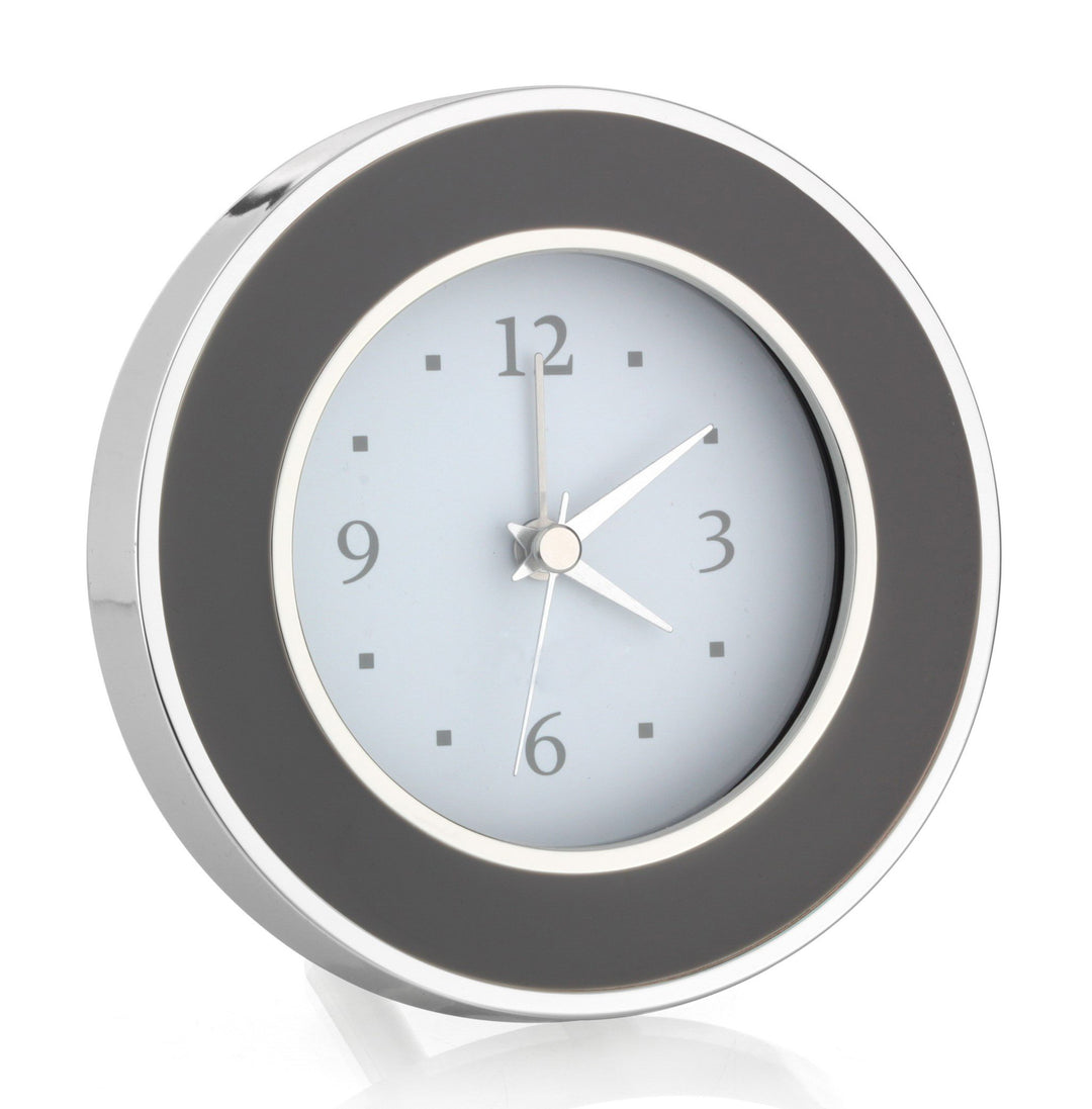 ALARM CLOCK TAUPE ENAMEL & SILVER ROUND #40770