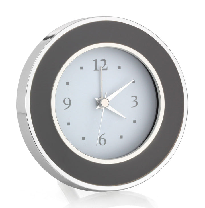 ALARM CLOCK TAUPE ENAMEL & SILVER ROUND #40770