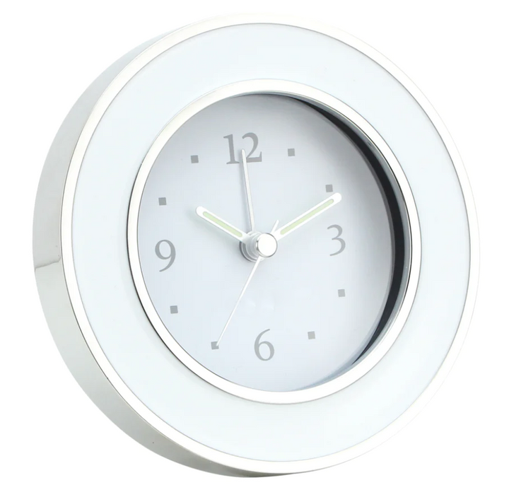 ALARM CLOCK WHITE ENAMEL & SILVER ROUND #40771