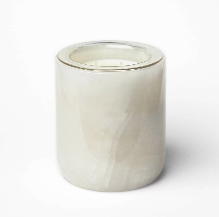CANDLE HOLDER STONE WITH LID WHITE ONYX