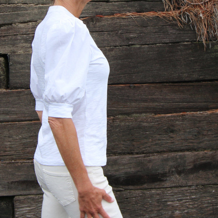 BLOUSE PUFF SLEEVE V IN SLUB