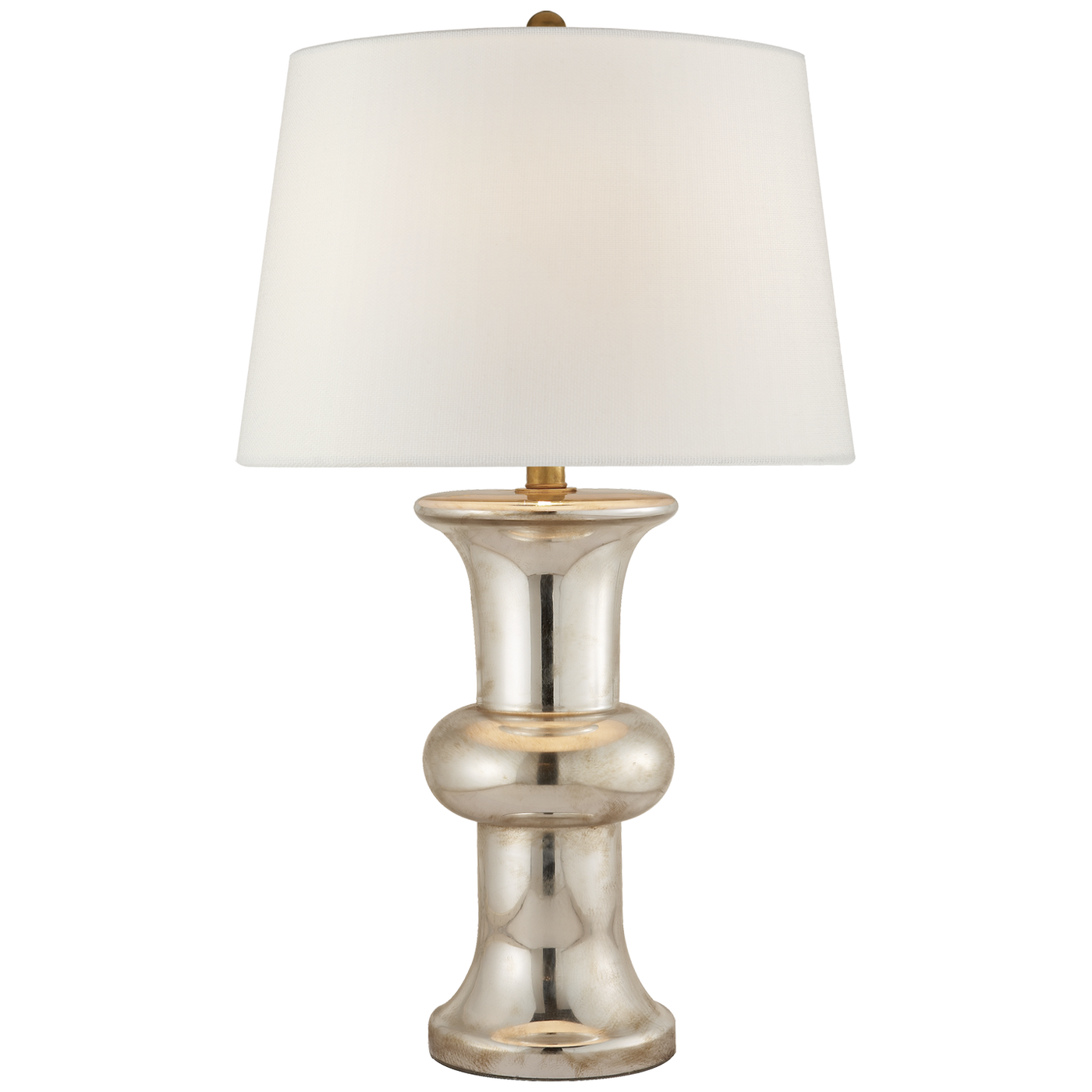 TABLE LAMP BULL NOSE CYLINDER MERCURY GLASS WITH LINEN SHADE
