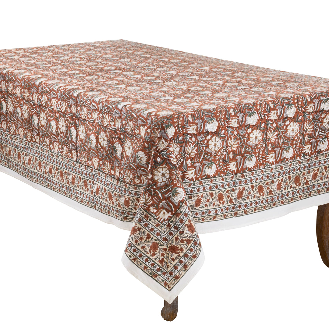 TABLECLOTH OBLONG HANDBLOCK PRINT IN RUST