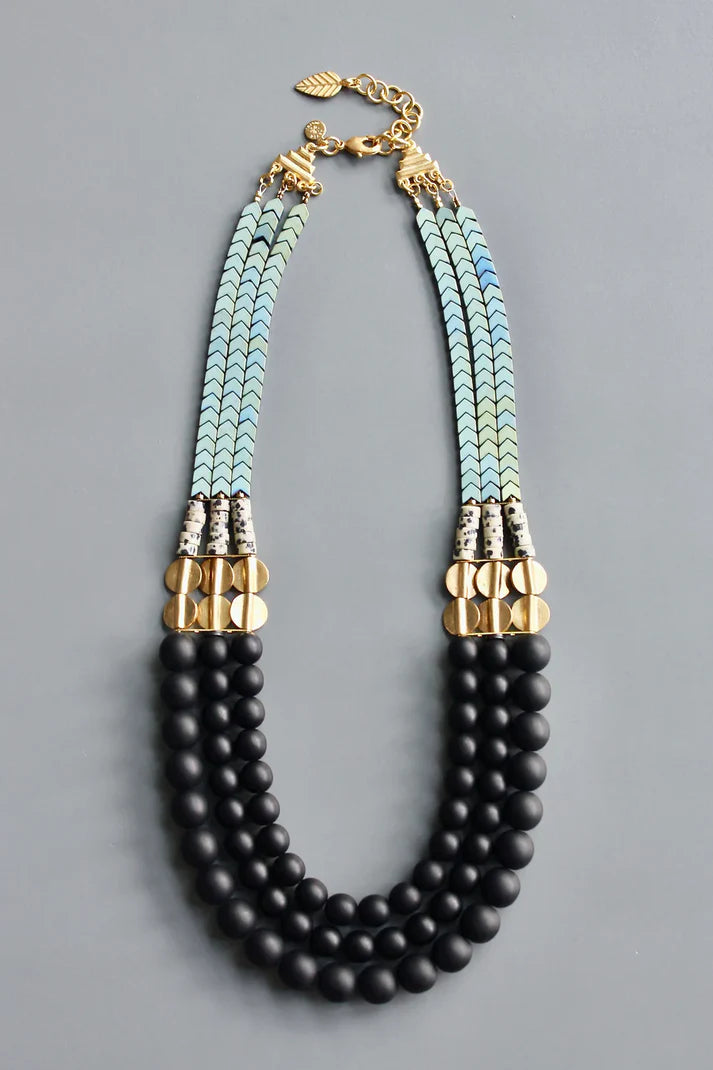 NECKLACE JET GLASS & HEMATITE TRIPLE STRAND