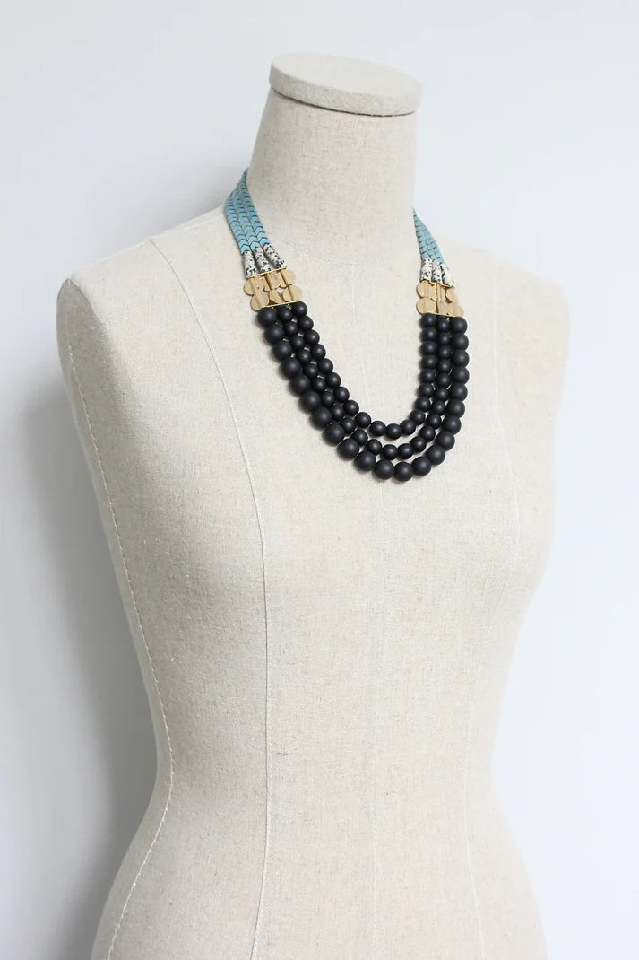 NECKLACE JET GLASS & HEMATITE TRIPLE STRAND