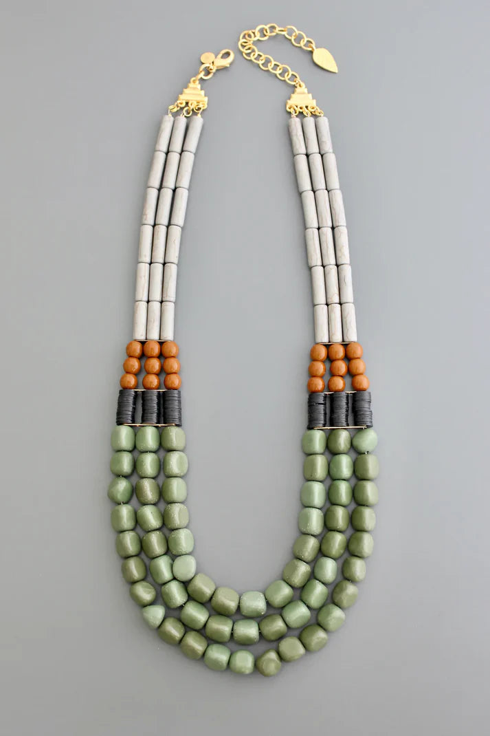 NECKLACE 3-STRAND GRAY & GREEN BEADED