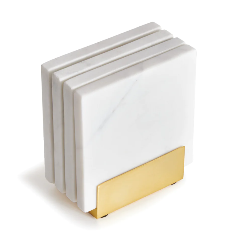 COASTERS WHITE MARBLE WITH GOLD METAL HOLDER S/4
