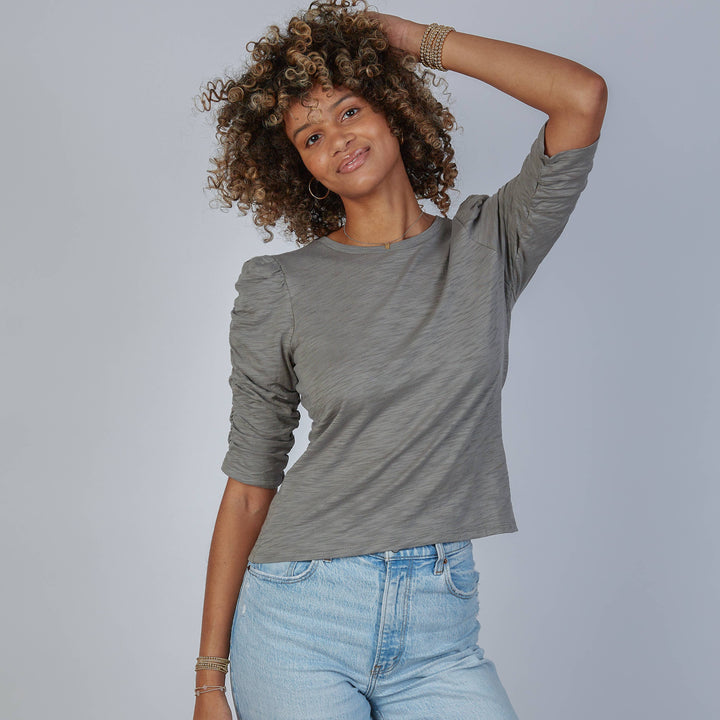 BLOUSE RUCHED ELBOW LENGTH SMOKEY GREEN