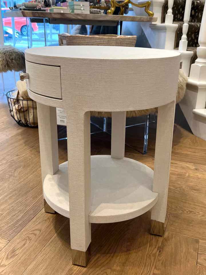 SIDE TABLE 1-DRAWER ROUND CREAM LINEN #55107