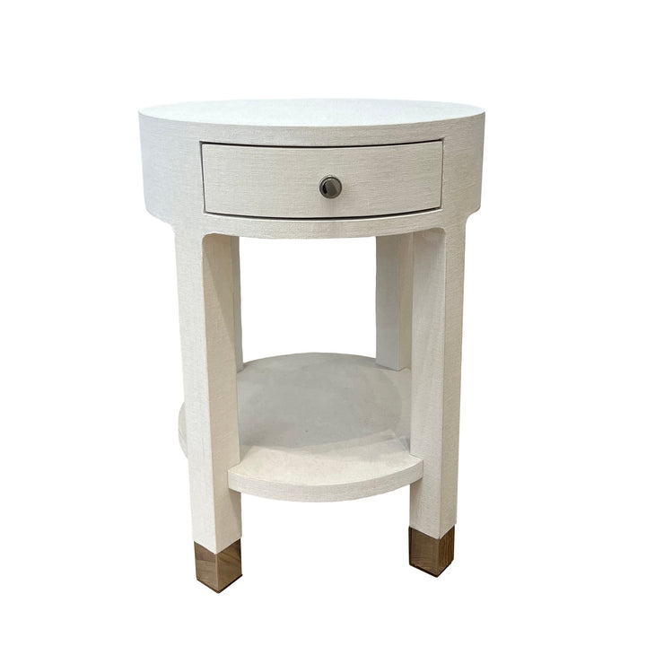 SIDE TABLE 1-DRAWER ROUND CREAM LINEN #55107