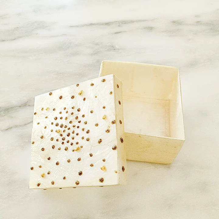 3" BOX GLITTERED DOTTED LID CAPIZ GOLD/WHITE