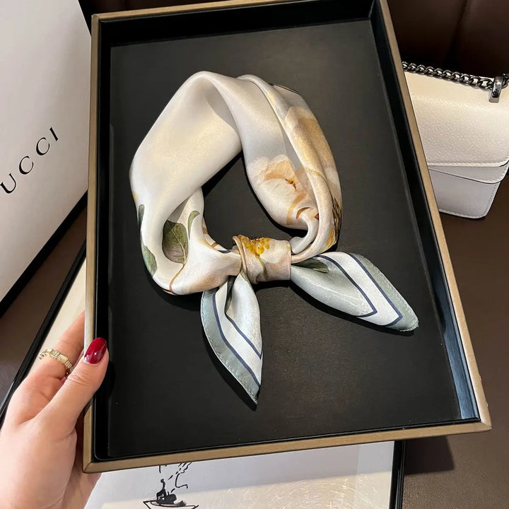 SCARF 100% SILK BOTANICAL FLORAL GREY