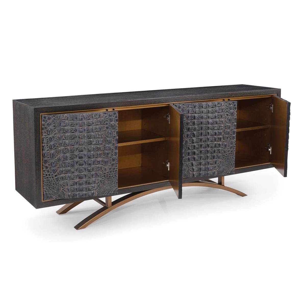 SIDEBOARD 4-DOOR BLACK FAUX CROC WITH GOLD FINISH