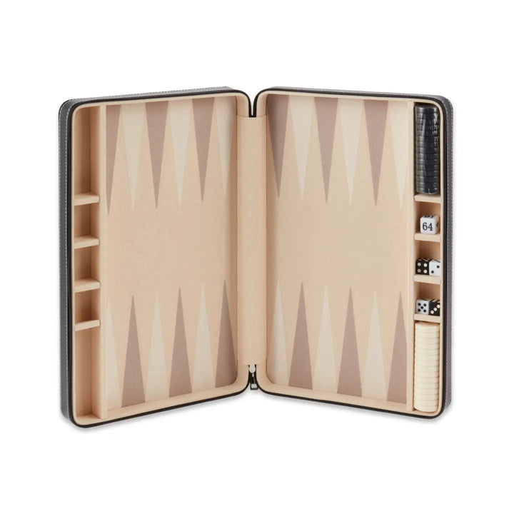 BACKGAMMON SET TRAVEL LEATHER BLACK